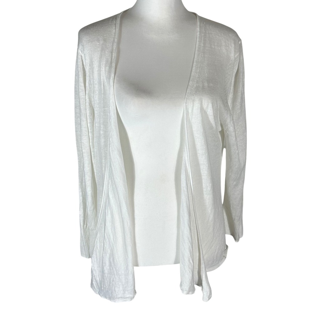Tommy Bahama Cardigan Women Large White Linen Blend Open Front Long Sleeve